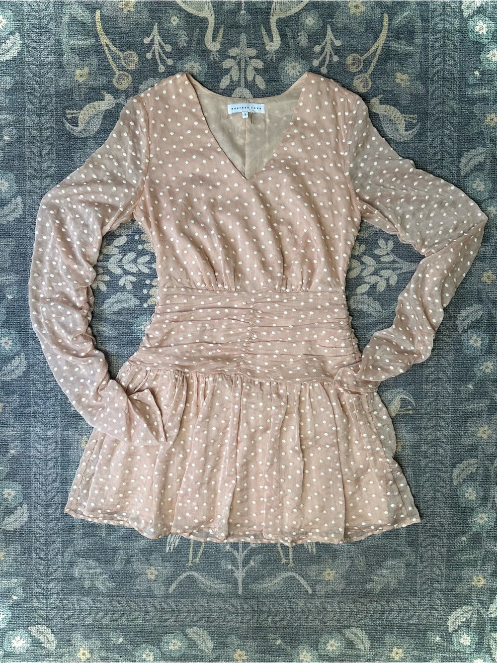 Endless Rose Blush Beige Polka Dot Long Sleeve Ruched Mini Dress Size S